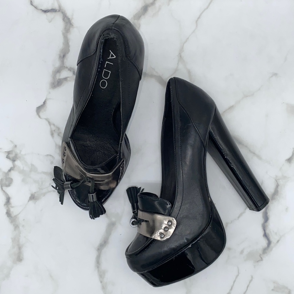 ALDO Black Platform High Heel Lofer Pumps with Tassel Accent - Picture 1 of 5